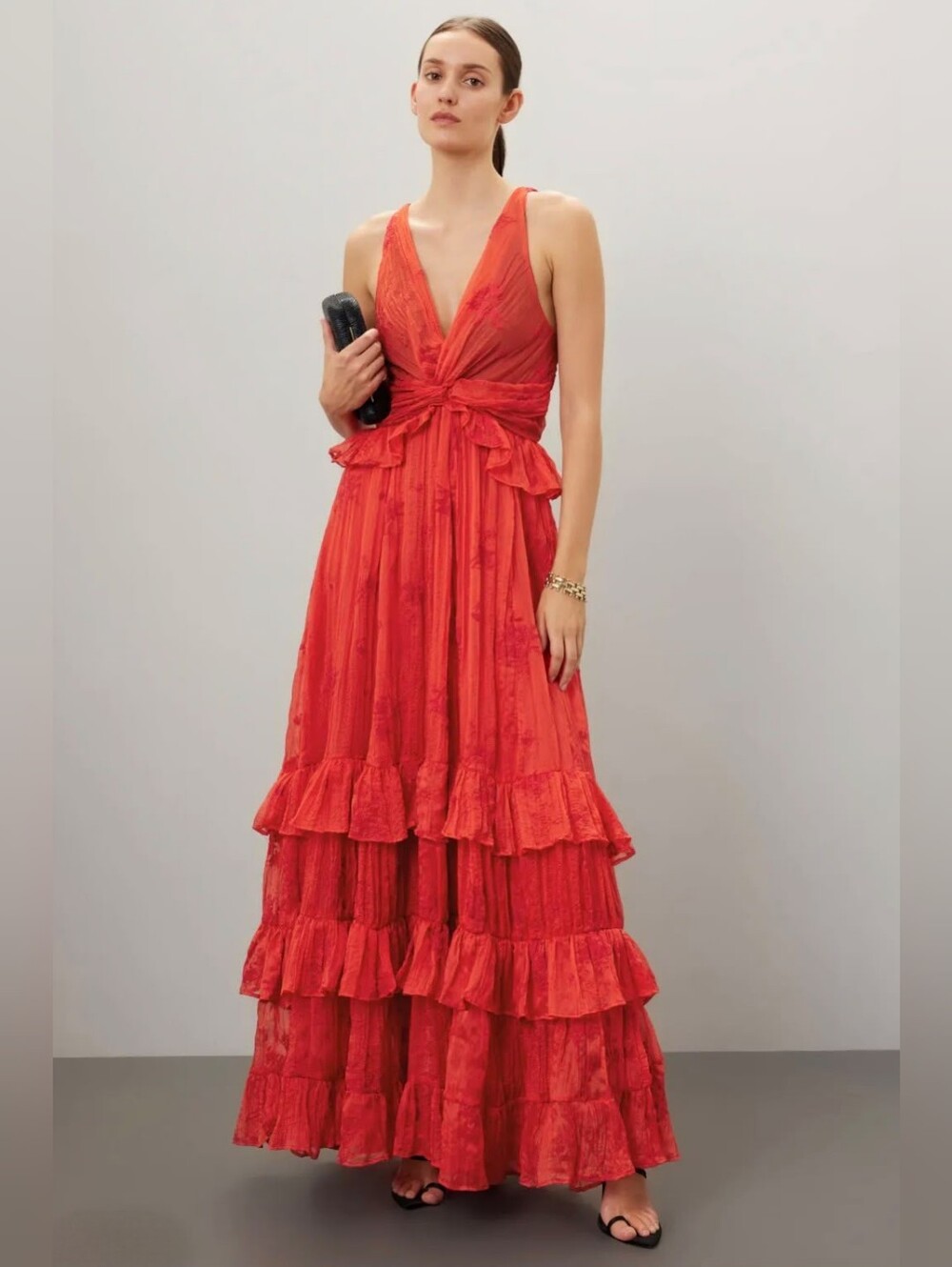 Sabina Musayev Camillia Red Tiered Ruffle Maxi Dress